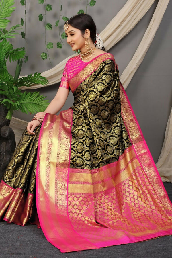Jyoti Fashion Women's Black Kanjivaram Silk Zari Woven Saree with Blouse - Distacart