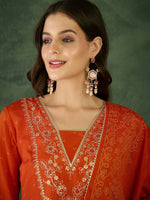 Thumbnail for The52 Orange Women's Gorgeous Embroidered Chinon Fabric Flared Kurta Pant and Dupatta Set - Distacart