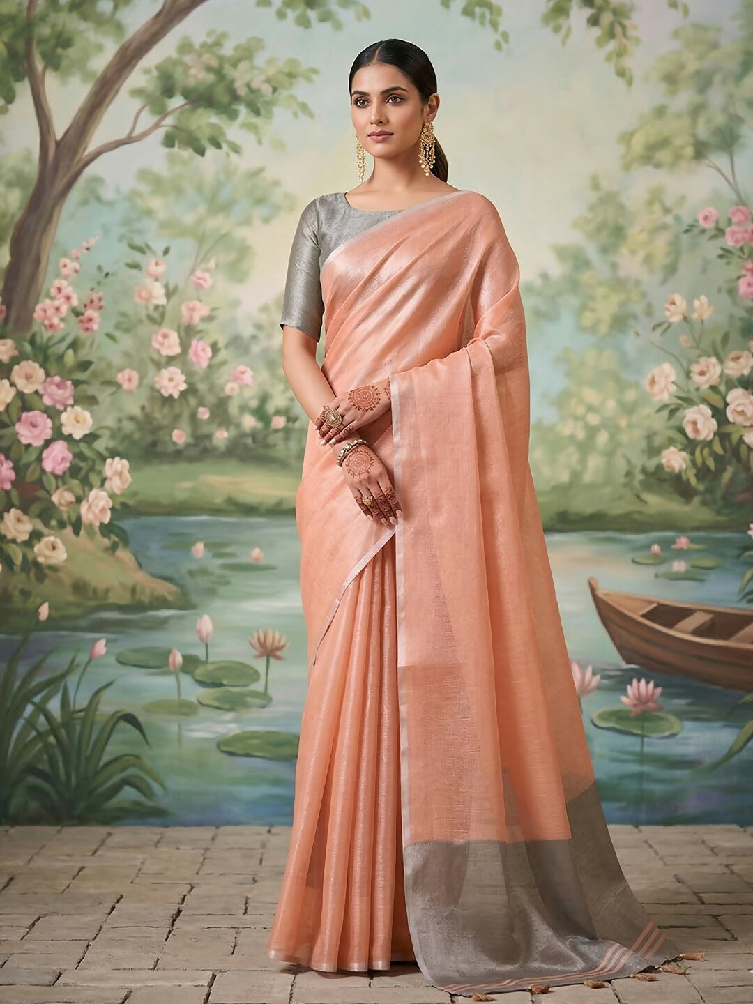 Shree Shyam Fashion Peach Tissue Silk Saree - Distacart