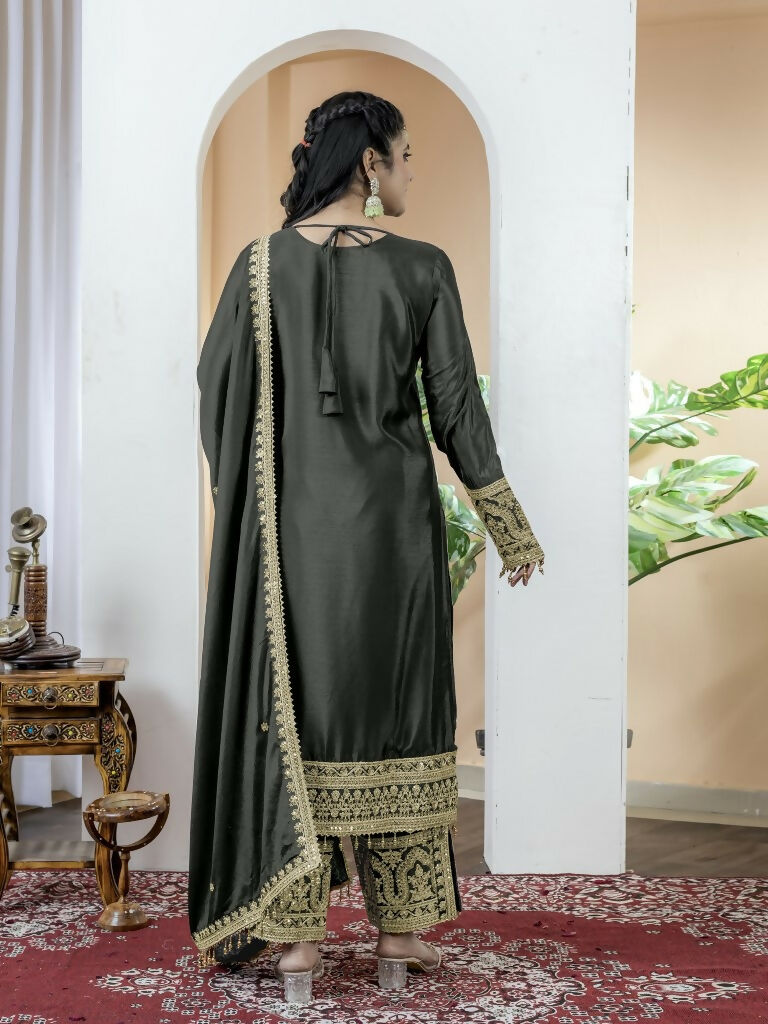 Teeya Creation Black Color Chinnon Silk Embroidery Work Fully Stitched Salwar Suit
