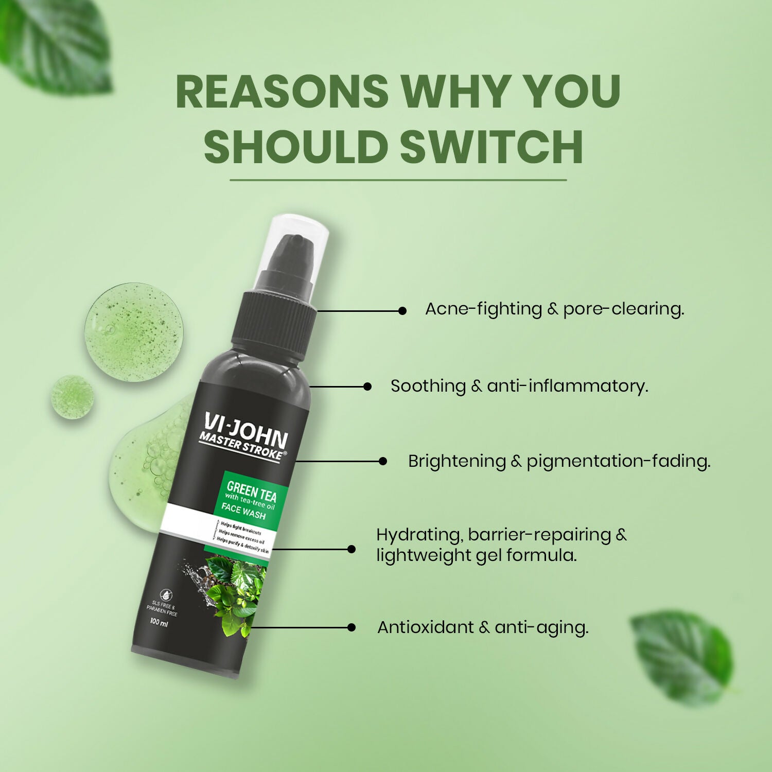 VI-JOHN Master Stroke Green Tea Face Wash Brightening Skin And Improving Texture For All Skin Type