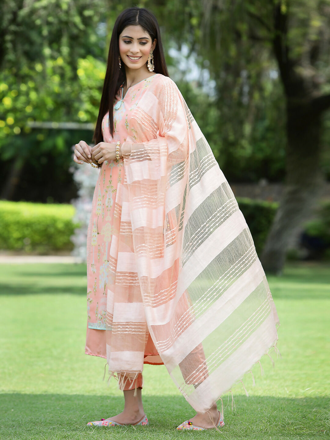 Juniper Orange Ethnic Motif Printed Georgette Kurta Pants & Dupatta Set With Tassels & Lace - Distacart