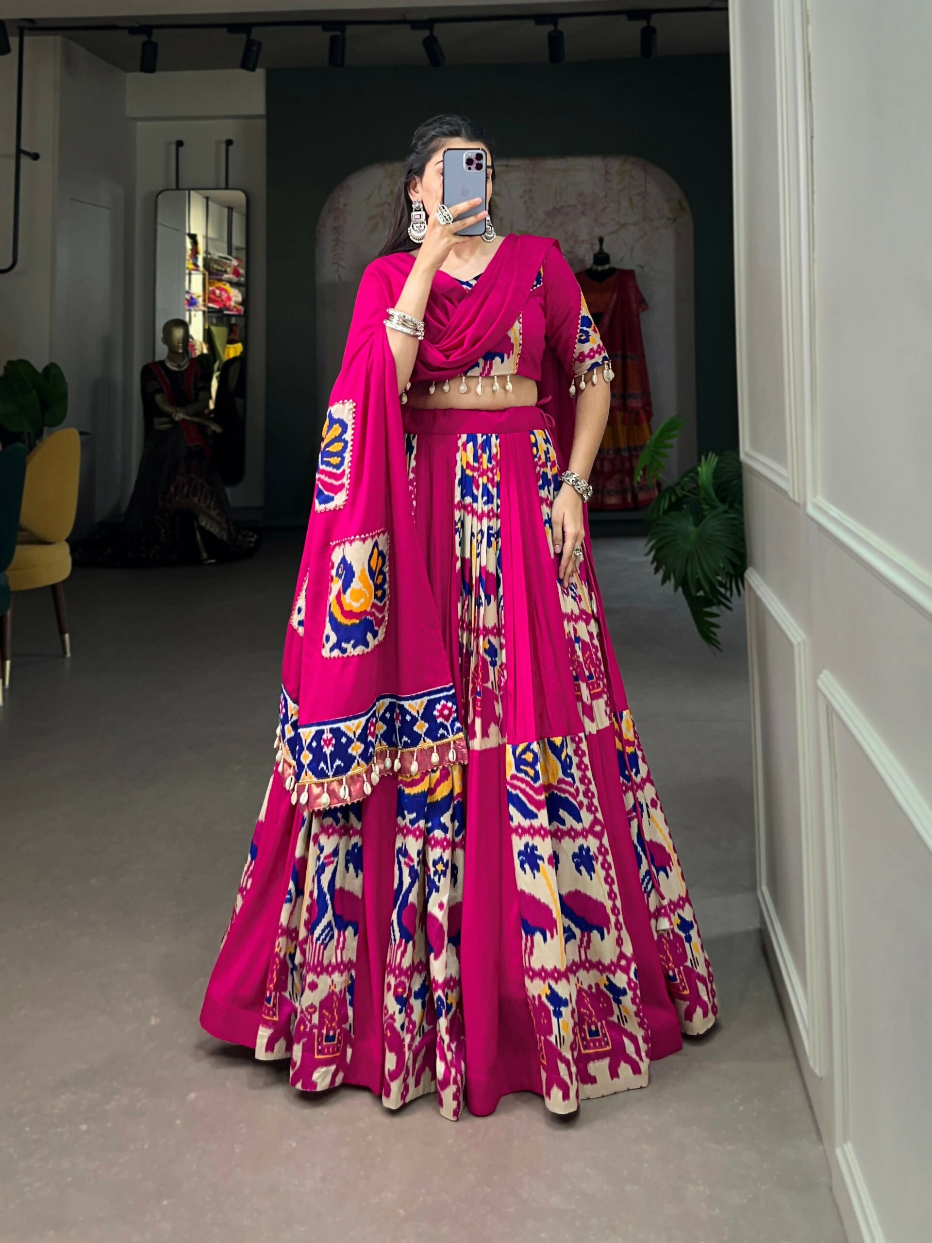 Vastranavya Navaratri Special Rayon with Printed Silk Lehenga with Stitched Choli - Pink - Distacart