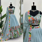 Thumbnail for Preksha Creation Sky Blue Tabby Organza With Thread Women Lehanga Choli - Distacart