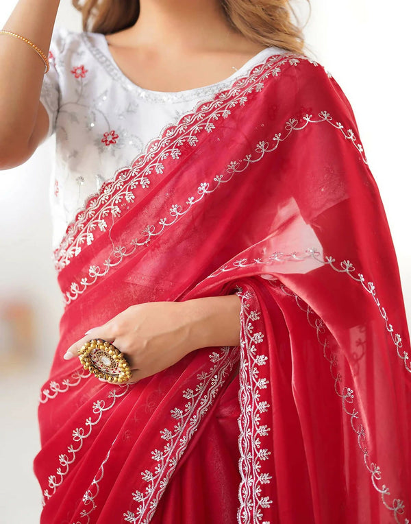 Joban Fashion Tissue Silk Red & Silver Embroidery Saree