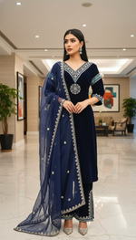 Thumbnail for Joban Fashion Blue Kurta Set Velvet Embroidery Sequence Work - Distacart