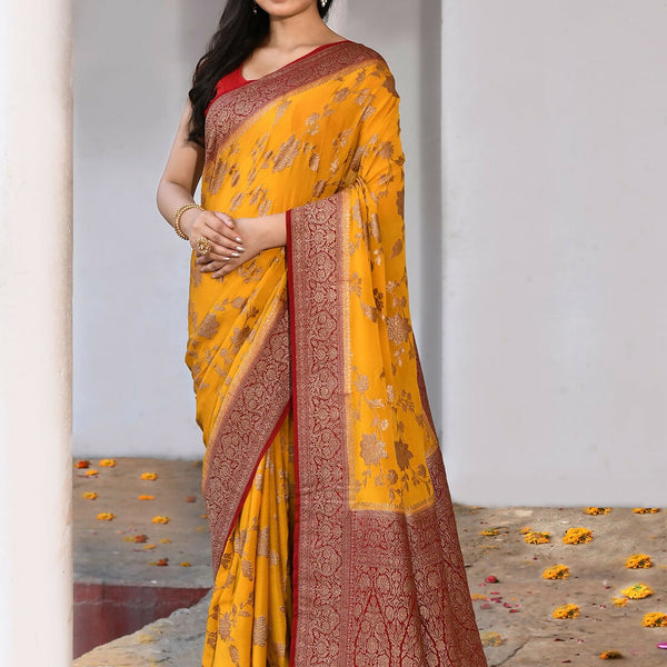 Joban Fashion Yellow Crepe Chiffon Pure Handloom Banarasi Silk Saree
