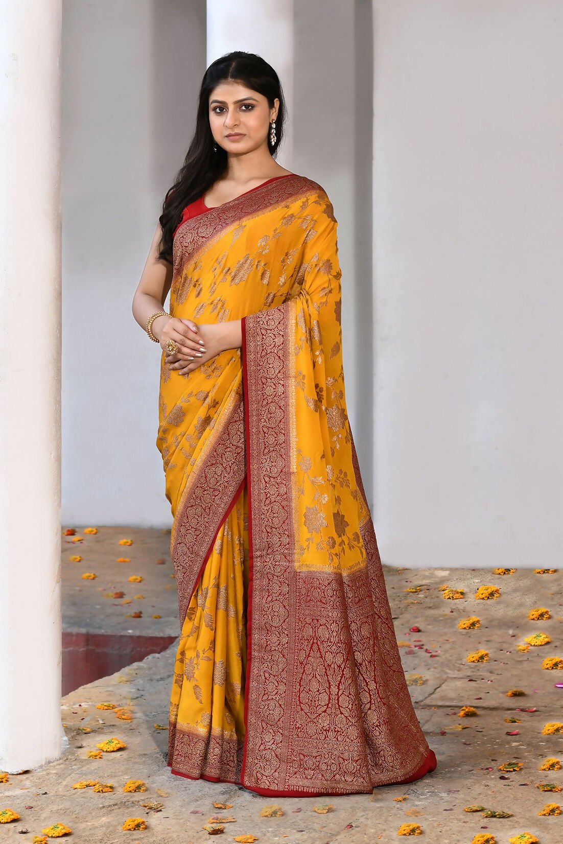 Joban Fashion Yellow Crepe Chiffon Pure Handloom Banarasi Silk Saree - Dista