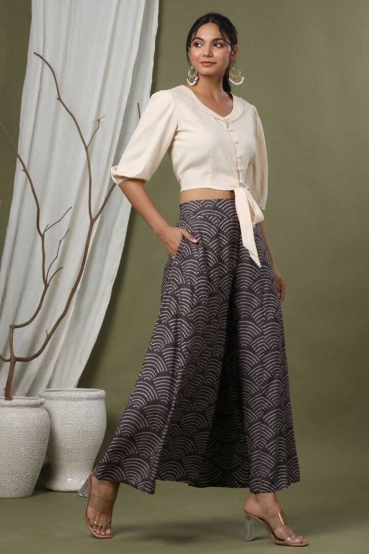 Juniper Grey Ethnic Motif Printed Rayon Flared & Kalidar Palazzo - Distacart