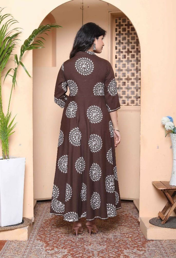 Miravan Womens Printed V-Neck Cotton Anarkali Kurta Brown - Distacart