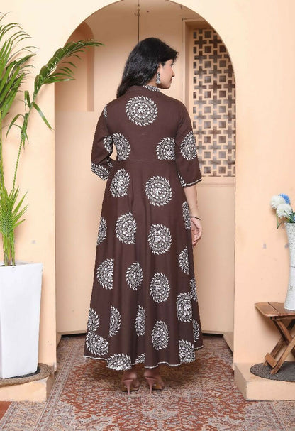 Miravan Womens Printed V-Neck Cotton Anarkali Kurta Brown - Distacart