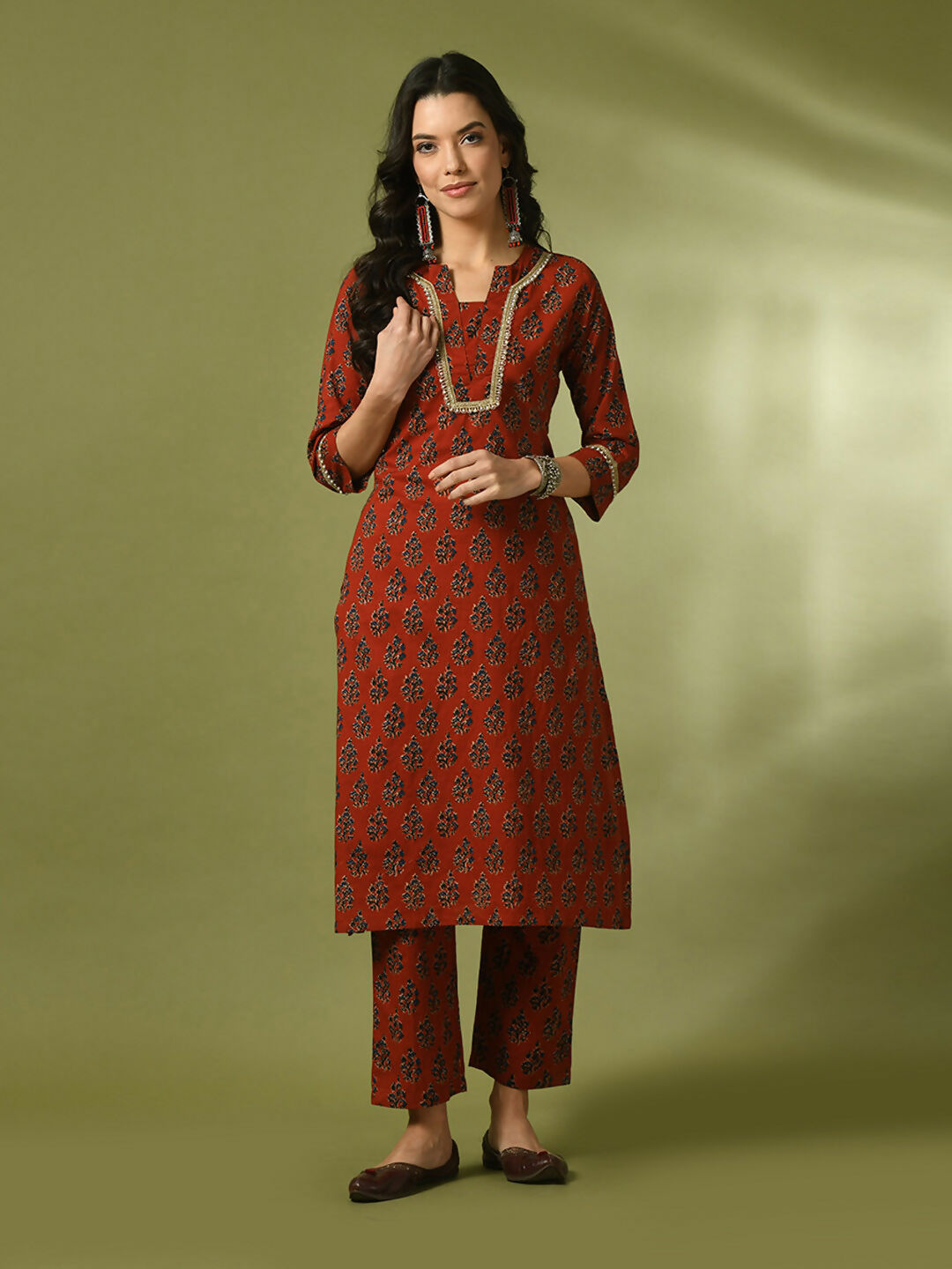 Myshka Women's Rust Printed Cotton Straight Party Kurta Set - Distacart