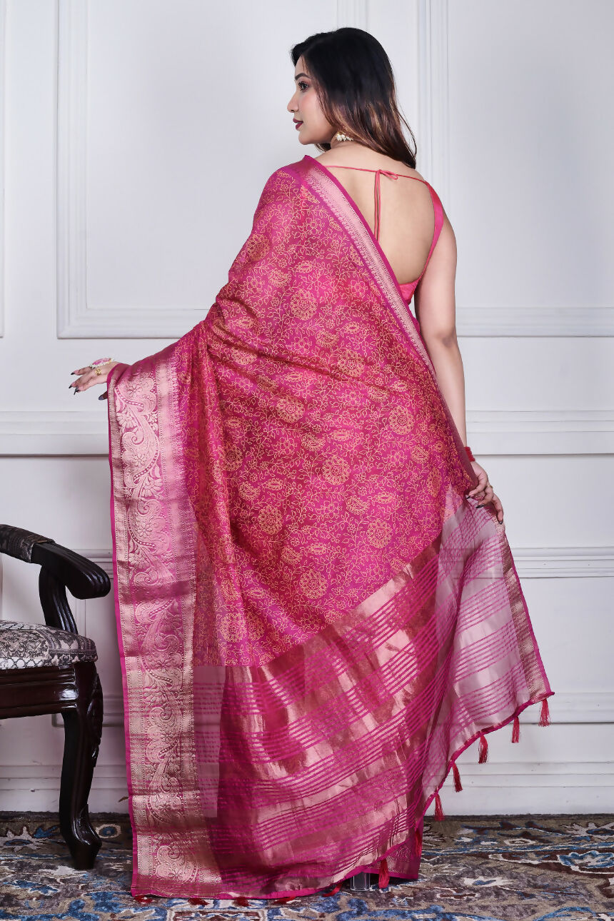 Morchari Pink Script Printed Orzanga Saree Unstitched Blouse