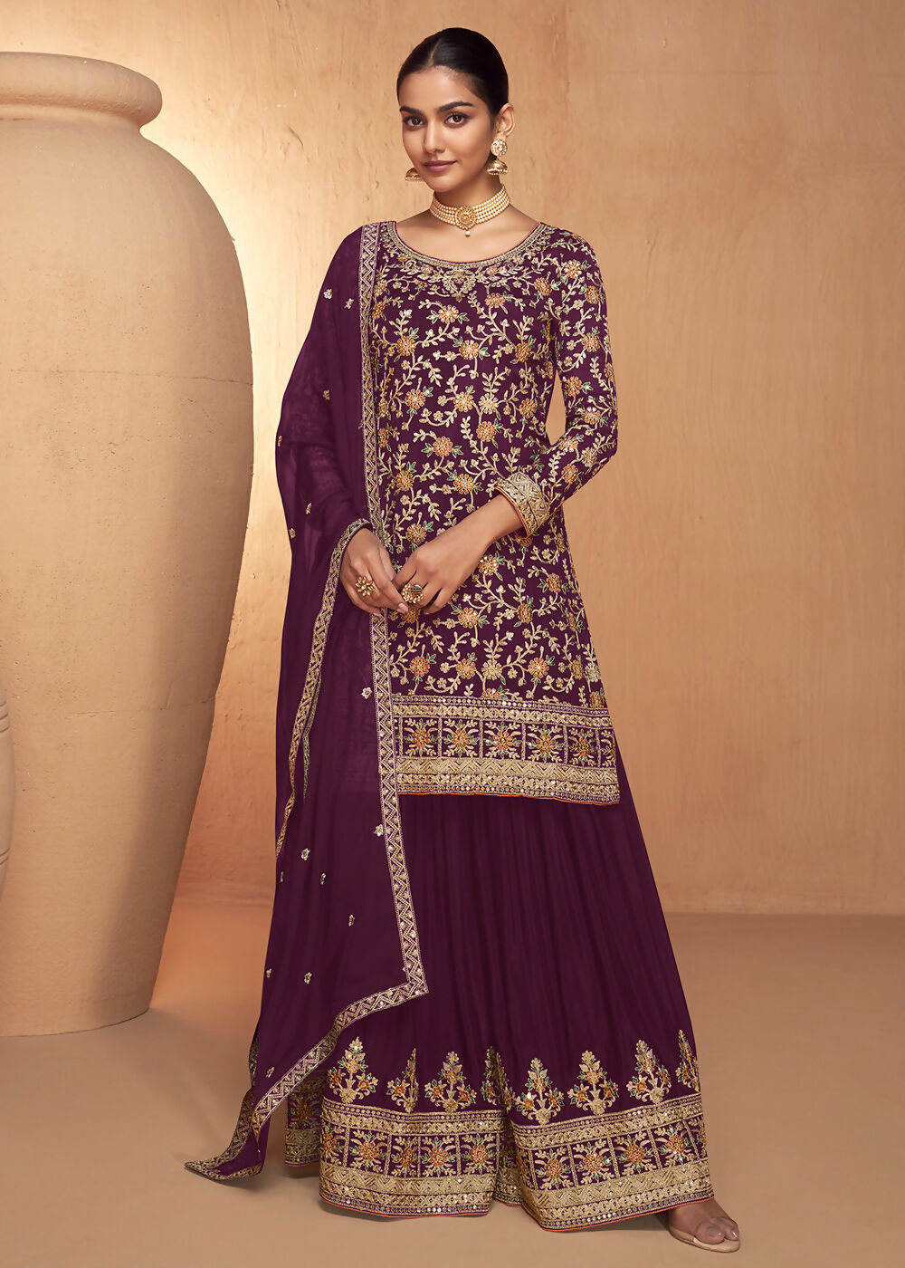 Wine Real Chinnon Embroidered Wedding Festive Palazzo Suit - Emponline - Distacart