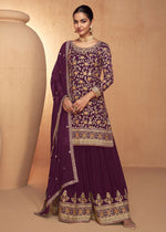 Thumbnail for Wine Real Chinnon Embroidered Wedding Festive Palazzo Suit - Emponline - Distacart