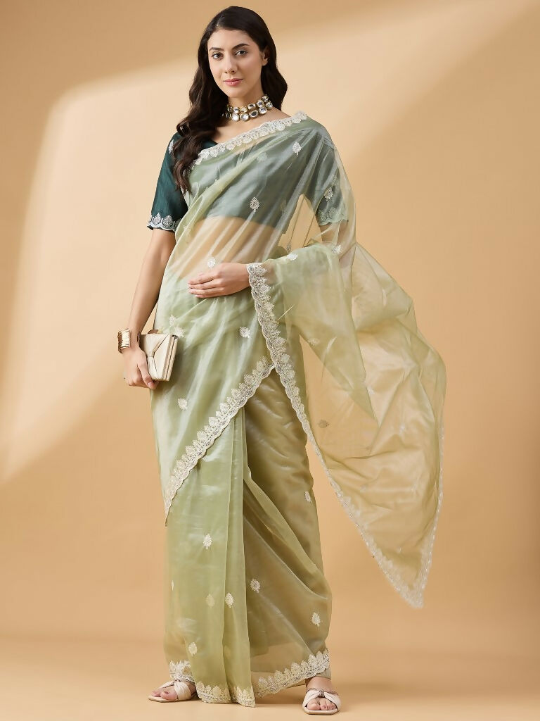 Green Organza Sequence Embroidered Saree with Unstitched Blouse - Satya - Distacart