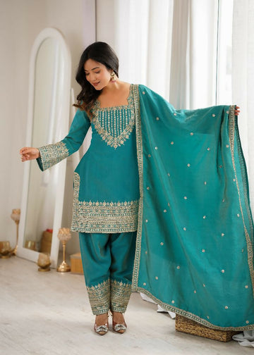 Teeya Creation Designer Rama Green Embroidered Kurta Afghani Pant Set For Festivals - Dista