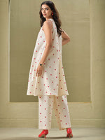Thumbnail for Sangria Off White Geometric Printed Round Neck A-Line Pure Cotton Kurta With Palazzos