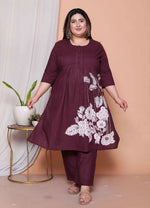Thumbnail for Miravan Womens Plus Size Wine Floral Kurta With Palazzo And Dupatta Set - Distacart