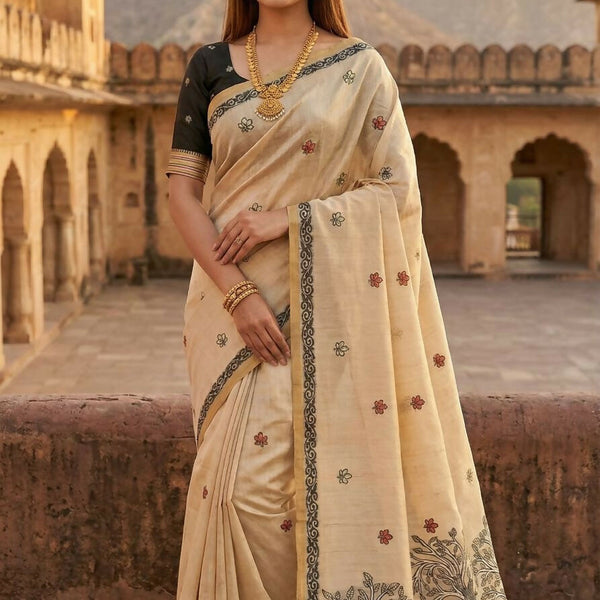 Vastranavya Cream Muga Cotton Meenakari & Azarakh Pallu Saree with Contrast Blouse - Distacart