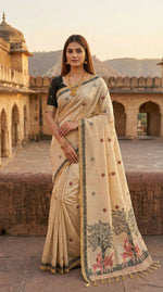 Thumbnail for Vastranavya Cream Muga Cotton Meenakari & Azarakh Pallu Saree with Contrast Blouse - Distacart