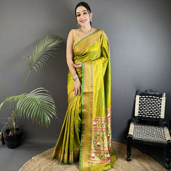 Joban Fashion Lime Green Butti Woven Soft Lichi Silk Paithani Saree - Distacart