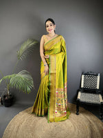 Thumbnail for Joban Fashion Lime Green Butti Woven Soft Lichi Silk Paithani Saree - Distacart