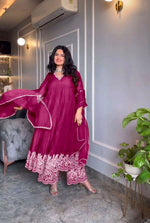 Thumbnail for Preksha Creation Indian Women Pink Alia Cut Gown Pure Chinon Silk & Crush With Embroidery Work With Fancy Full Sleeves With Palazzo and Dupatta - Distacart