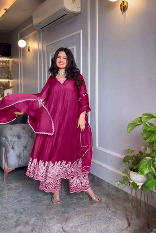 Preksha Creation Indian Women Pink Alia Cut Gown Pure Chinon Silk & Crush With Embroidery Work With Fancy Full Sleeves With Palazzo and Dupatta - Distacart