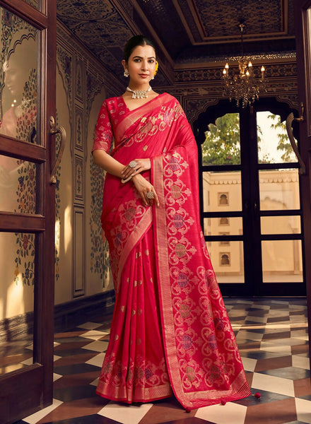 Monjolika Fashion Rani Pink Silk Blend Banarasi Zari Work Classic Saree
