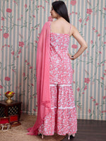 Thumbnail for Ode by House of Pataudi Floral Printed Pure Cotton Straight Kurti with Sharara & Dupatta - Distacart