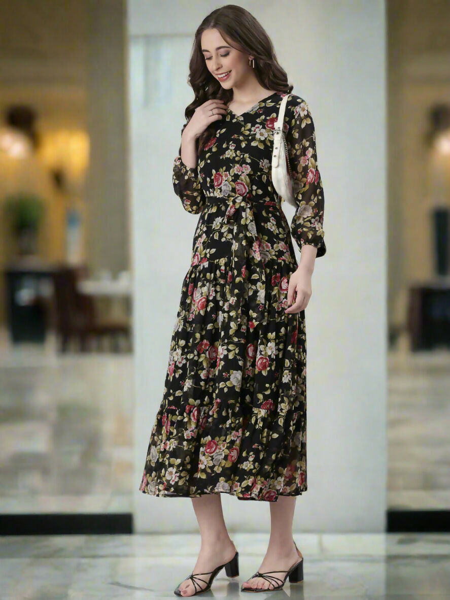 Souchii Black Floral Chiffon Dress