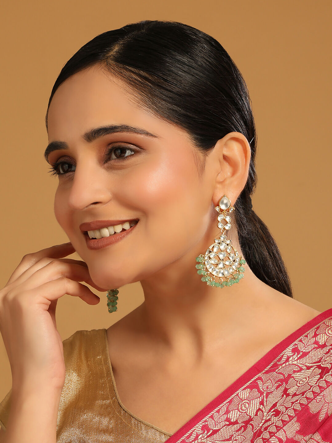Nuyug 22K Gold Plated Regal Green Kundan Chandbali Earrings