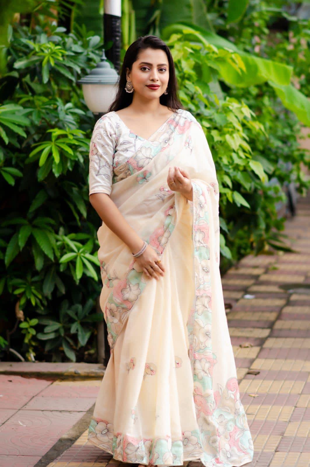 Offwhite Pure Linen Ethnic Motifs Saree with Unstitched Blouse - A2M - Distacart