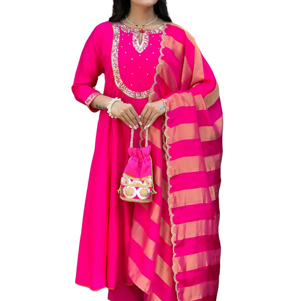 The52 Rani Women's Gorgeous Embroidered Work Chanderi Fabric Flared Kurta Pant and Dupatta Set - Distacart
