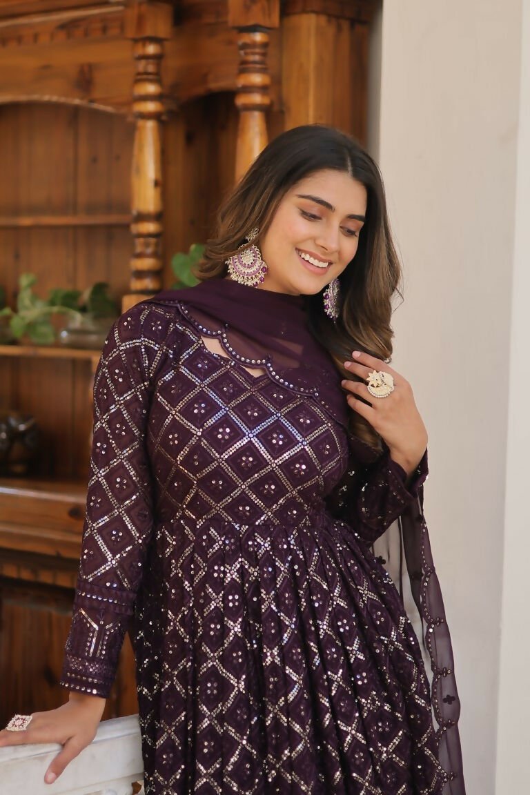 Aastha Fashion Women's Wine Faux Georgette Sequins Embroidered Anarkali Dress with Dupatta - Distacart