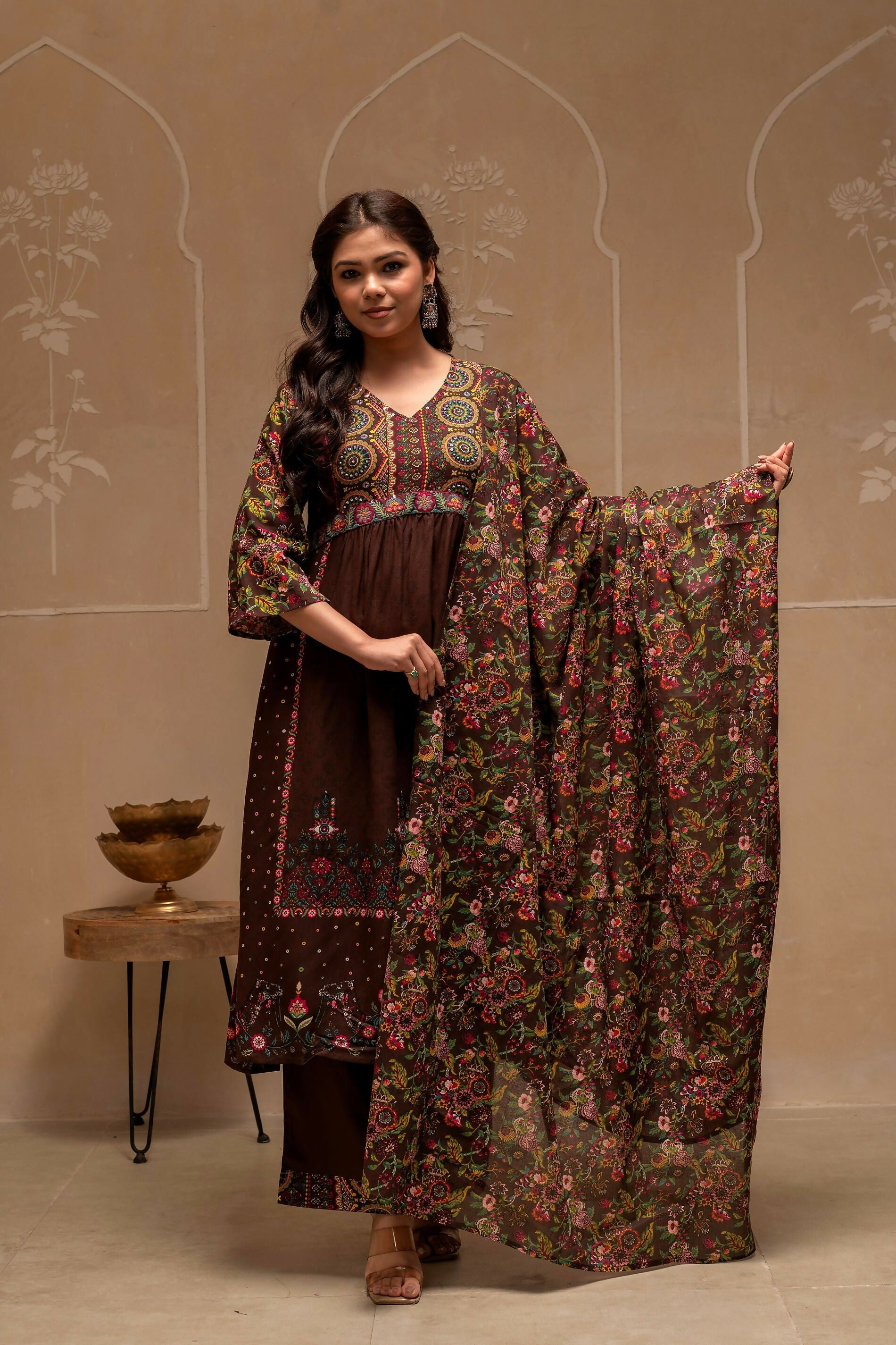 Juniper Brown Floral Viscose Kurta Pant Dupatta Set With Thread Work And Sequence