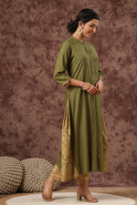 Thumbnail for Juniper Olive Ethnic Motif Printed Rayon A-Line Women Kurta - Distacart