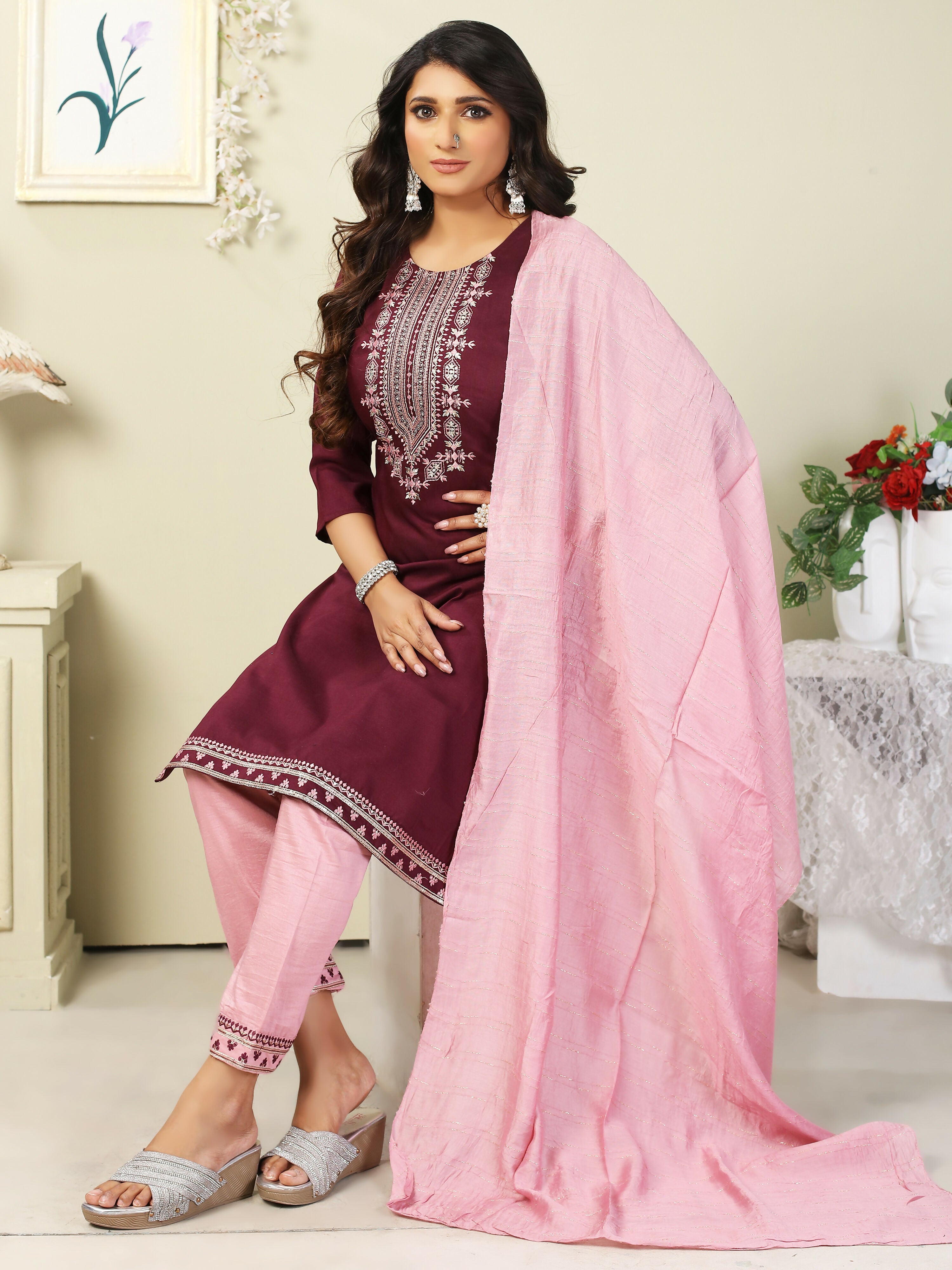 Vamika Chinon Embroidery Mahroon Party Wear/Casual Wear/Office Wear Kurta Set/Suit - Distacart