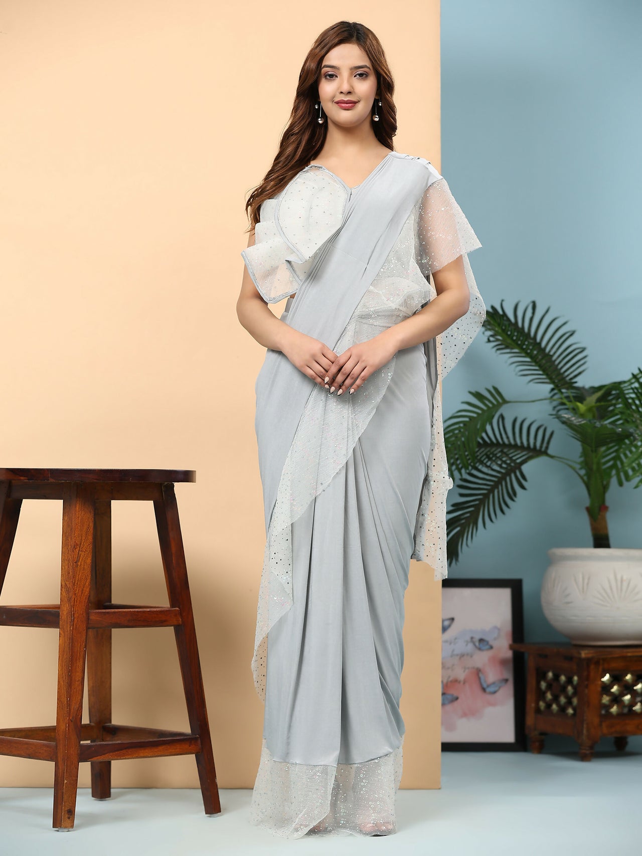 Light Grey Lycra Solid Ready to Wear Saree with stitched Blouse - Nita - Distacart