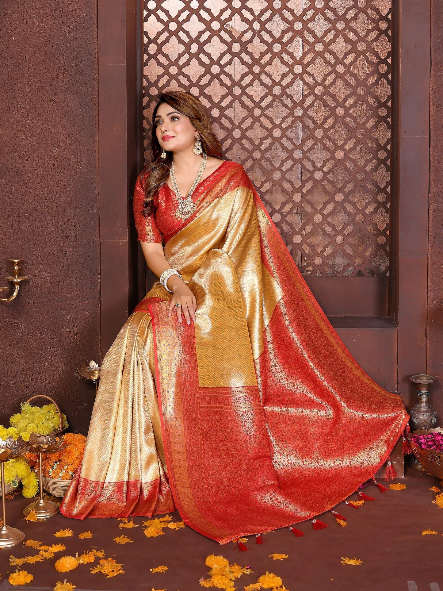 Aastha Fashion Cream Tissue Silk Woven Saree - Distacart