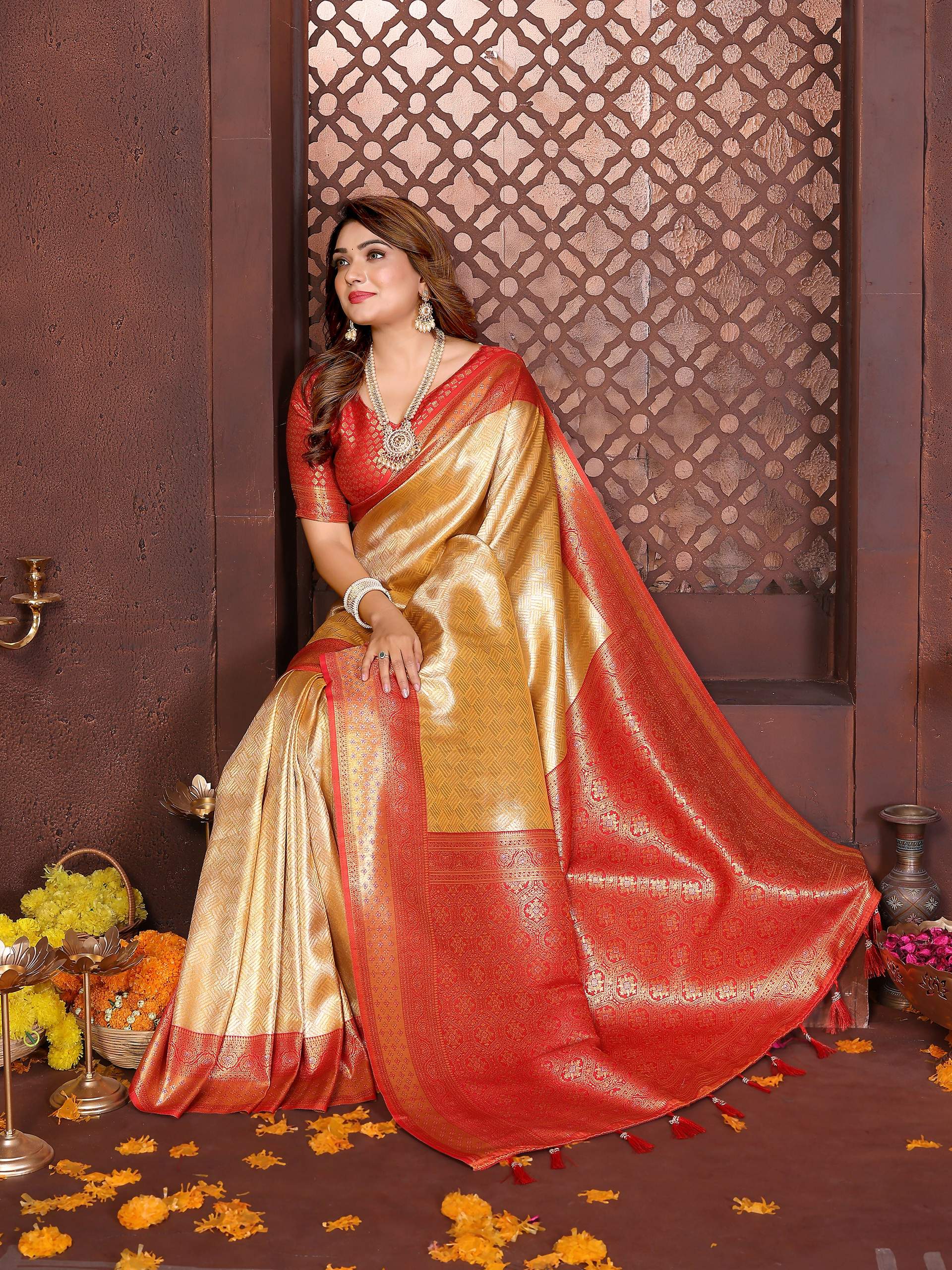 Aastha Fashion Cream Tissue Silk Woven Saree - Distacart
