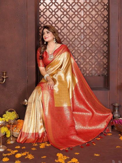 Aastha Fashion Cream Tissue Silk Woven Saree - Distacart
