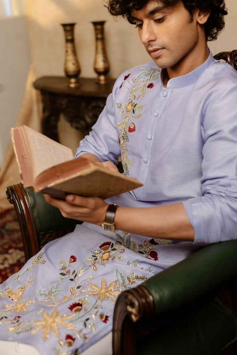 Falling Raw Silk Power Blue Botanical Bloom Kurta Set By Hilo Design