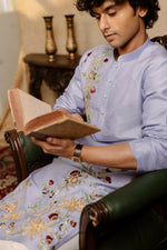 Thumbnail for Falling Raw Silk Power Blue Botanical Bloom Kurta Set By Hilo Design