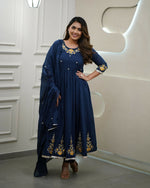Thumbnail for The52 Blue Women's Gorgeous Viscose Fabric Embroidered Work Flared Kurta Pant and Dupatta Set - Distacart