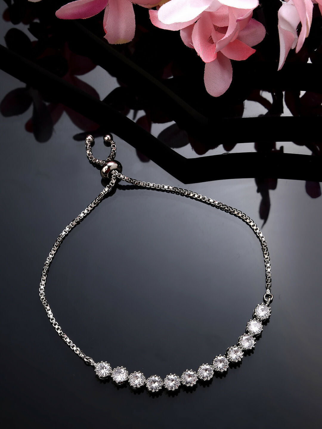 NVR Women Silver-Plated Handcrafted American Diamond Link Bracelet - Distacart