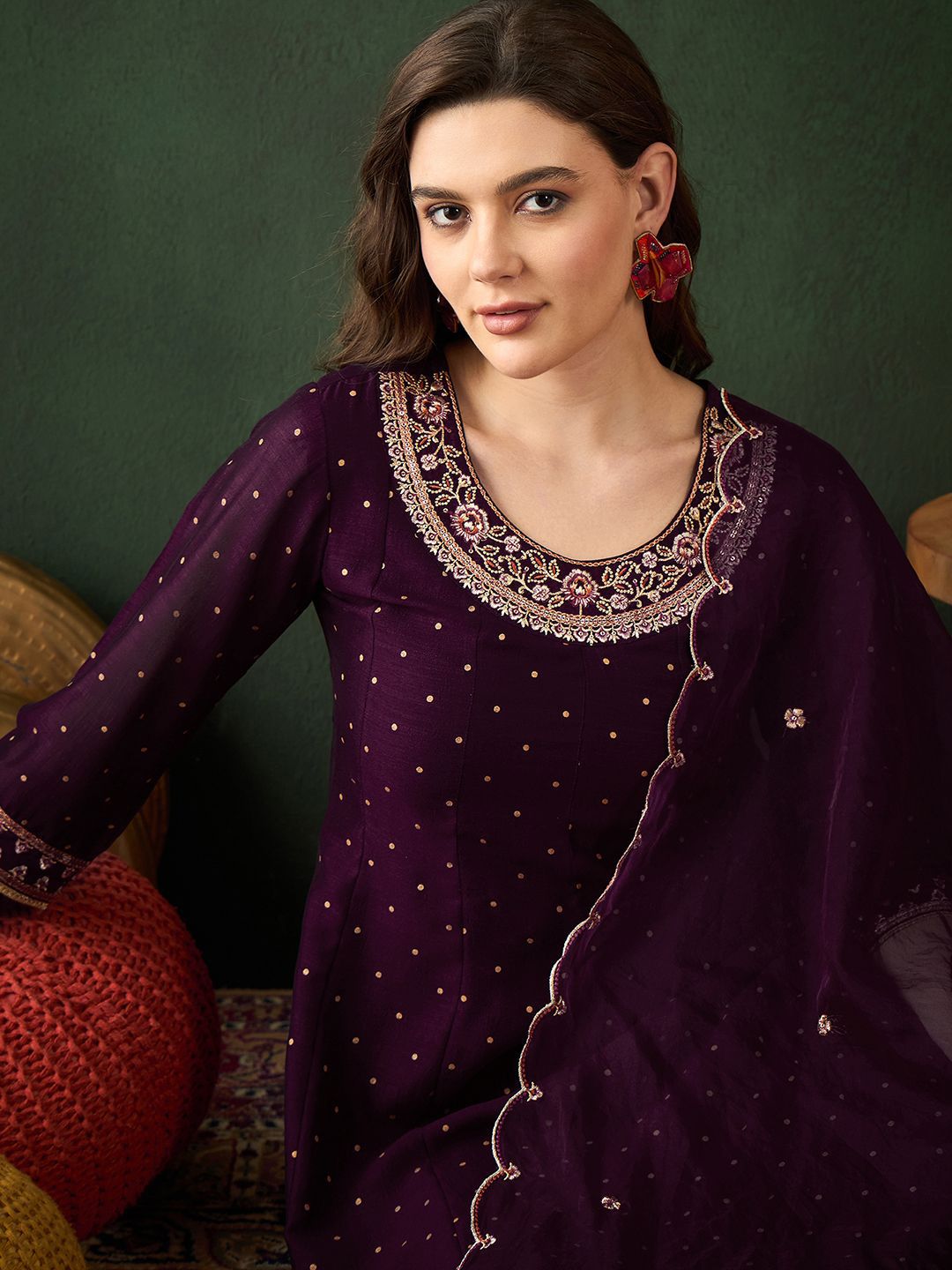 Sangria Floral Embroidered Kurta with Trouser & Dupatta - Distacart