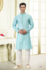 Thumbnail for Raivat Ethnic Jacquard Art Silk Thread Work Kurta Pajama In Sky Blue Colour - Distacart