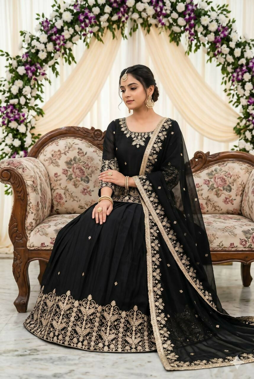 Teeya Creation New Trendy Heavy Embroidery Sequence Work With Real Mirror Hand Work Lehenga Set- Black - Dista